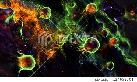 Colorful explosion of green and orange with abstract shapes and patterns in dynamic composition 124652301