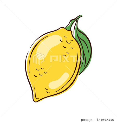 Lemon with green leaves in a simple flat style. Perfect for food citrus drink, healthy lifestyle and organic design. Great for kitchen decor and cafe menu design. 124652330