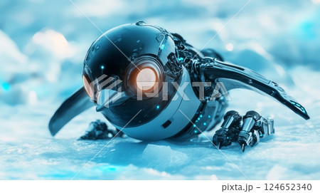 Robot toy with glowing eye on a white background showcasing its futuristic design and features 124652340