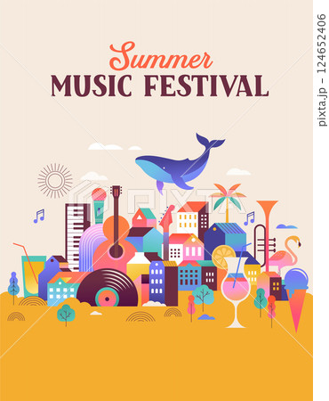 Colorful geometric summer music festival background, poster, banner. Summer time fun concept design Colorful geometric summer music festival background, poster, banner. Summer time fun concept design 124652406
