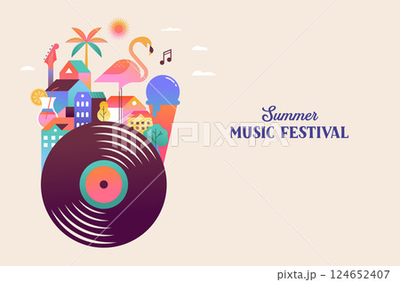 Colorful geometric summer music festival template, poster, banner. Summer time fun concept design Colorful geometric summer music festival template, poster, banner. Summer time fun concept design 124652407