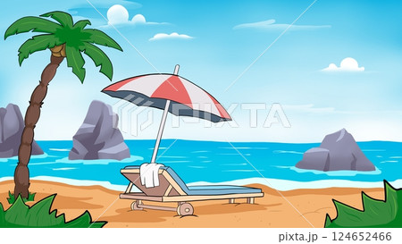 Beach with sun bed lounger and umbrella. illustration of summer vacation on the beach. Beach with sun bed lounger and umbrella. illustration of summer vacation on the beach. 124652466