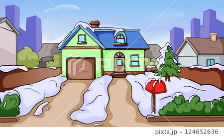 House facade with pine tree and letterbox in winter. 124652636