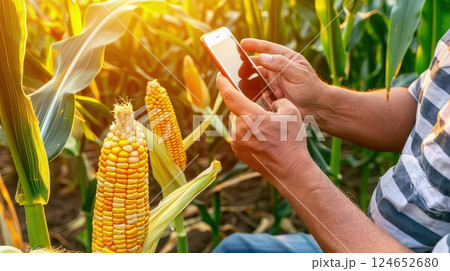 A farmer takes a photo of his harvest with a smartphone in a corn field. Bathed in golden hues, the farmer captures the essence of his cornfield's prosperity. 124652680
