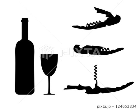 Black Corkscrew Icon, Wine Bottle Opener Symbol, Metal Cork Screw Silhouette on White Background 124652834