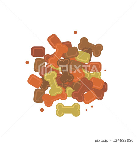Dry pet food icon, dog color kibble pile, puppy meat and vegetable pellets illustration Dry pet food icon, dog color kibble pile, puppy meat and vegetable pellets illustration 124652856