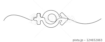Continuous thin line gender icon, minimalist male female rights draw, one line art sex equity symbol, Continuous thin line gender icon, minimalist male female rights draw, one line art sex equity symbol, 124652863