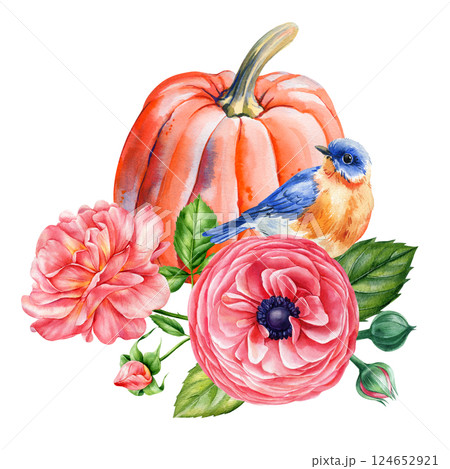 watercolor pumpkin with bird and pink floral bouquet autumn composition hand painted thanksgiving roses and ranunculus 124652921