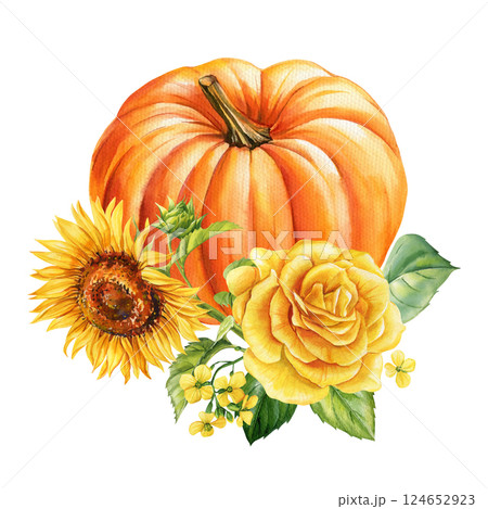 watercolor pumpkin with yellow rose, sunflower bouquet autumn composition hand painted thanksgiving floral illustration 124652923