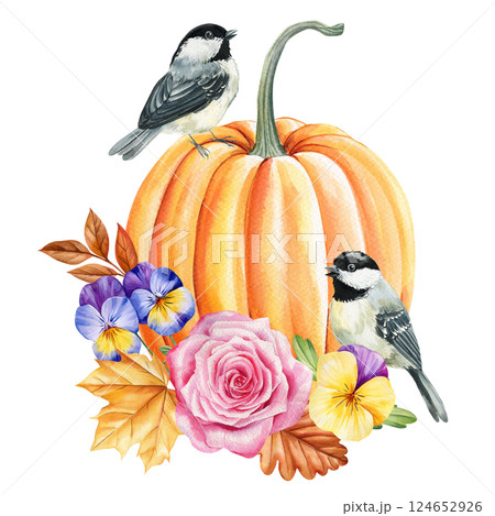 Watercolor pumpkin with birds and pansies floral bouquet autumn composition hand painted thanksgiving harvest for design 124652926