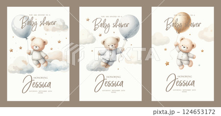 Set of Watercolor New born baby shower invitation. Greeting card with teddy bear, Balloon, clouds and stars. 124653172