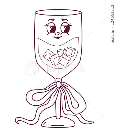 Outline Groovy Glass Drink Character with Coquette Ribbon Bow. Aesthetic cartoon Cocktail with ice cubes. Romantic Girly Vibe. Line drawing, coloring book. Vector illustration Outline Groovy Glass Drink Character with Coquette Ribbon Bow. Aesthetic cartoon Cocktail with ice cubes. Romantic Girly Vibe. Line drawing, coloring book. Vector illustration 124653212