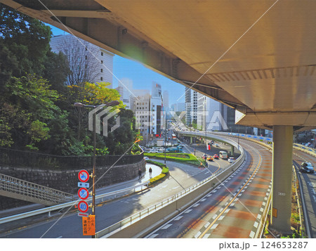 東京の道路と高速道路の高架。赤坂。イラスト風の写真。 東京の道路と高速道路の高架。赤坂。イラスト風の写真。 124653287