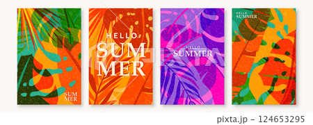 Summer tropic pattern set background. Tropical jungle leaves poster design with retro modern texture. Exotic abstract nature card in creative style. Palm tree, monstera, banana vector illustration 124653295