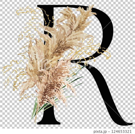 Black letter R with watercolor biege and golden dried pampas grass, tropical wedding illustration 124653321
