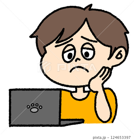パソコンの操作が分からなくて困る男性のイラスト パソコンの操作が分からなくて困る男性のイラスト 124653397