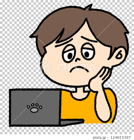 パソコンの操作が分からなくて困る男性のイラスト パソコンの操作が分からなくて困る男性のイラスト 124653397