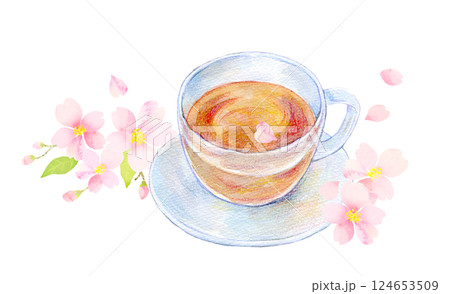 水彩イラスト　桜の季節のティータイム 124653509
