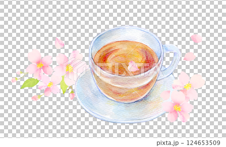 水彩イラスト　桜の季節のティータイム 124653509