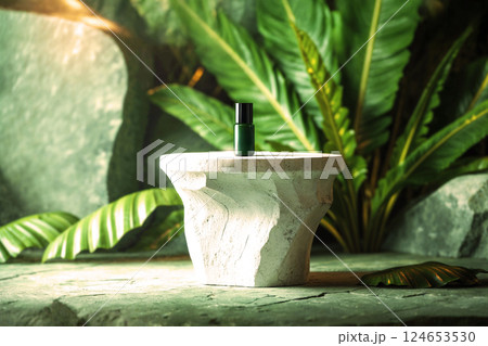 A small green bottle sits on a carved stone pedestal in a lush jungle. Sunlight shines through the leaves, creating a peaceful atmosphere. 124653530