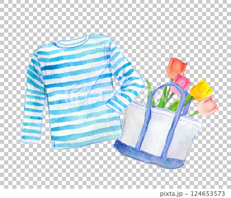 水彩イラスト　ボーダーシャツとチューリップ 124653573