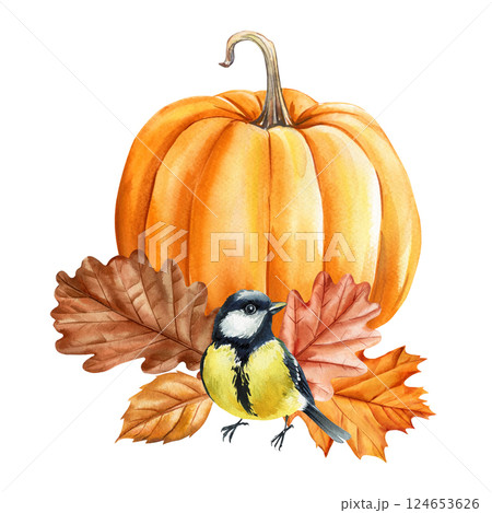 Hand painted watercolor pumpkin with colorful autumn oak leaves and cute bird seasonal fall harvest illustration design 124653626