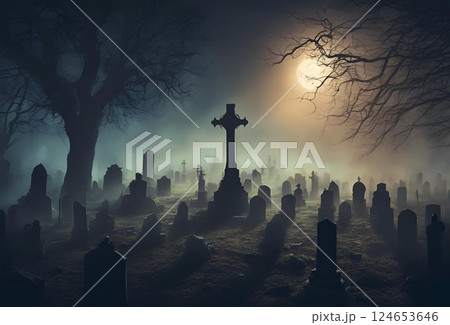 不気味な夜の墓地の風景イラスト 不気味な夜の墓地の風景イラスト 124653646