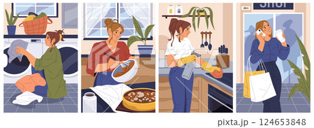 Home or house routine. Vector set of clipart for daily housework and household task, chores. Woman cooking and wash cloth with laundry machine, cleaning kitchen and do grocery shopping. Domestic life. 124653848