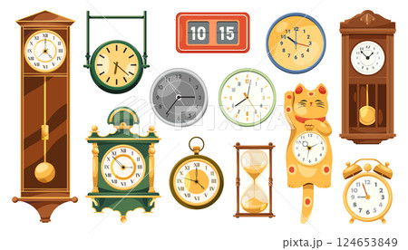 Set of retro and modern clocks. Vector digital and classic sand timekeeping device, hourglasses and alarm bells. Time tracking and accuracy evolution from antique mechanism to modern. Schedule. Set of retro and modern clocks. Vector digital and classic sand timekeeping device, hourglasses and alarm bells. Time tracking and accuracy evolution from antique mechanism to modern. Schedule. 124653849