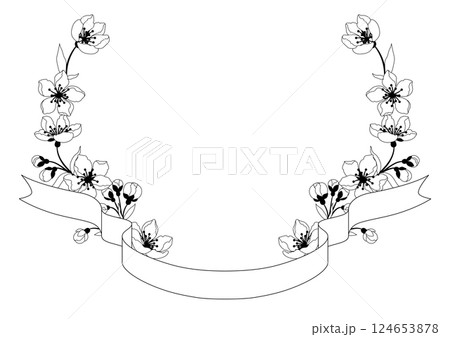 Ribbon with spring flowers. Apple, sakura or cherry blossom. Beautiful decorative blooming plants. 124653878