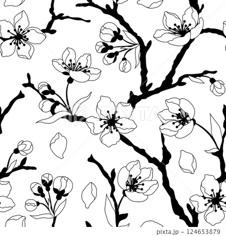 Pattern with spring flowers. Apple, sakura or cherry blossom. Beautiful decorative blooming plants. 124653879