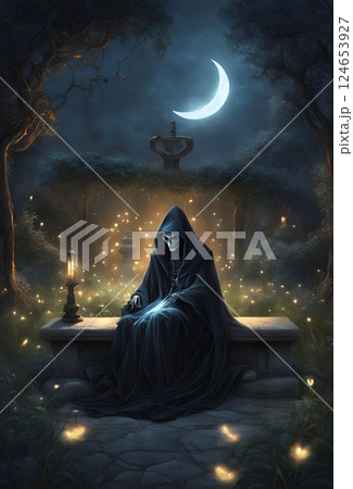 三日月の夜に石棺に座る死神のファンタジックなイラスト 124653927