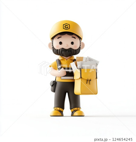 Cute cartoon delivery man with a yellow bag and a smile. 124654245