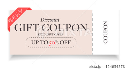 Minimal Gift Png Isolated Coupon with Elegant Pink Background and Red Ribbon Tag "For You." Includes Offer Up to 50 Off. Perfect for Marketing, Discounts, Sales Events, Printable Voucher and Promotion 124654278