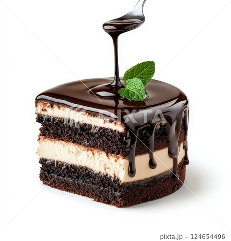 Decadent Chocolate and Cream Cake Slice with Dripping Glaze on White Background 124654496