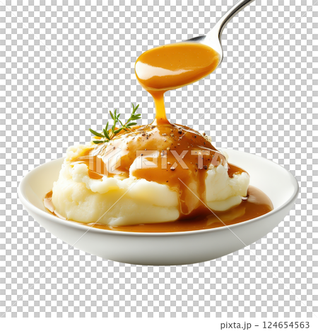 Mashed Potatoes with Delicious Gravy Drizzle in Ceramic Dish Mashed Potatoes with Delicious Gravy Drizzle in Ceramic Dish 124654563