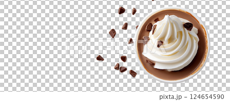 Delicious Whipped Cream Dollop on Wooden Bowl with Chocolate Chips 124654590