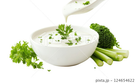 Creamy Vegetable Dip with Fresh Produce on White Background 124654622