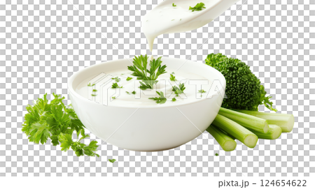 Creamy Vegetable Dip with Fresh Produce on White Background 124654622