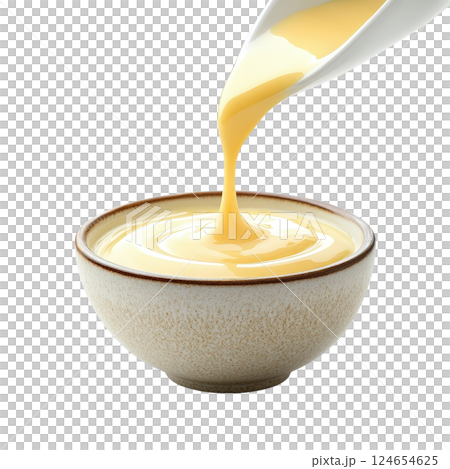 Creamy Dairy Sauce Being Poured into a Ceramic Bowl on a Minimalist White Background 124654625