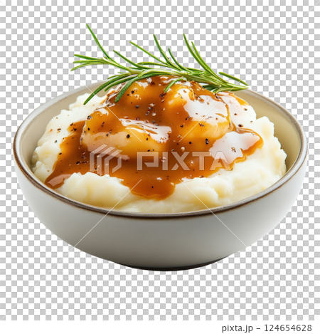 Appetizing Mashed Potato Bowl with Savory Gravy and Rosemary Garnish 124654628