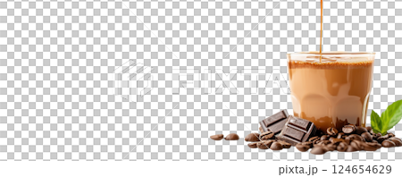 Aromatic Coffee Cup with Chocolate Shavings and Coffee Beans in Rustic Setting 124654629