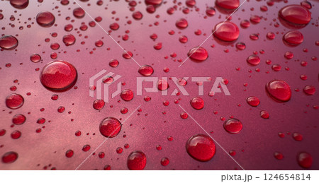 Beautiful Water Drops on Red Metallic Paint on the Car . Reflections and large Drops 124654814
