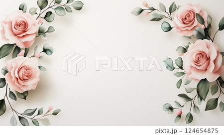 A luxurious wedding invitation design featuring floral borders with pink roses and eucalyptus leaves.  124654875