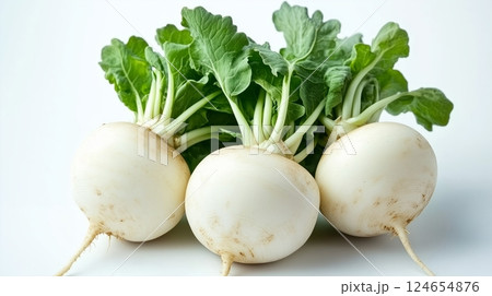 White radishes with green leaves, fresh and plump vegetables.  124654876