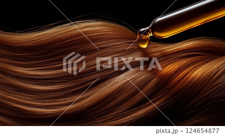 The woman's shiny hair, stroked by an oil dropper above it on the white background.  124654877