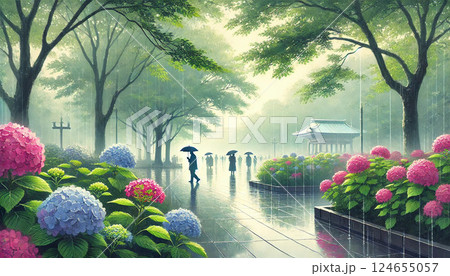 雨音に包まれた静かな公園の広場 124655057