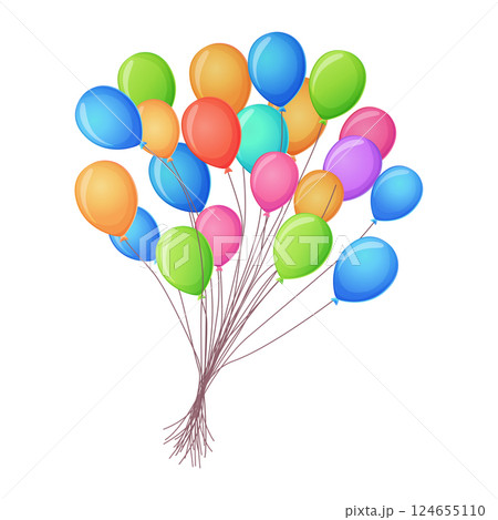 A large and cheerful bundle of bright helium balloons, adding a festive atmosphere to any design. Isolated on a white background. 124655110
