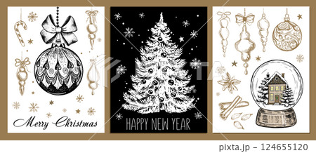 Christmas toy, house, tree, set, Hand drawn illustration Christmas toy, house, tree, set, Hand drawn illustration 124655120