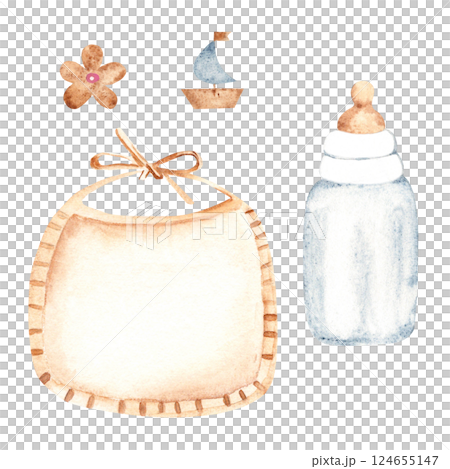 Newborn set. Baby Bib and Bottle for milk in pastel colors. Flowers and Boat emblem for girl and boy. Watercolor hand drawn illustration of cute Infant accessories in eco style. For invitations 124655147